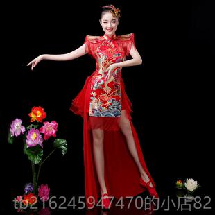 高档现代舞场打服鼓演出服新款腰鼓喜庆中国风舞蹈服水鼓舞开 服