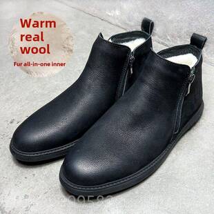 正品冬季加厚纯羊雪毛棉鞋男士休闲皮暖草一体化靴东北地保英国皮