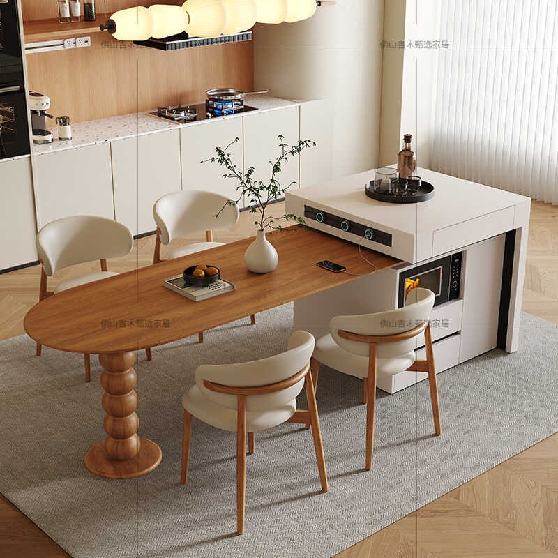 中古风岛台餐桌一体可伸缩高端原木色家用大户型开放式餐厅中岛台