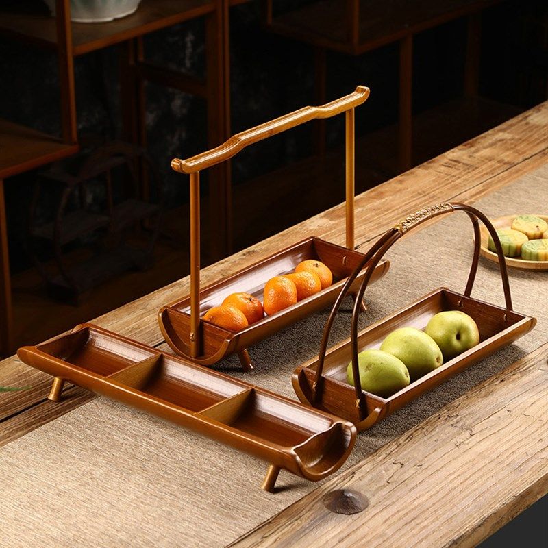大漆楠竹小提篮水果篮茶点盘点心托客厅家用茶道中式古风创意手工