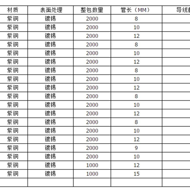 紫铜 EN1010 管型裸端头 冷压针形EN型接线端子 欧式线鼻子2000只
