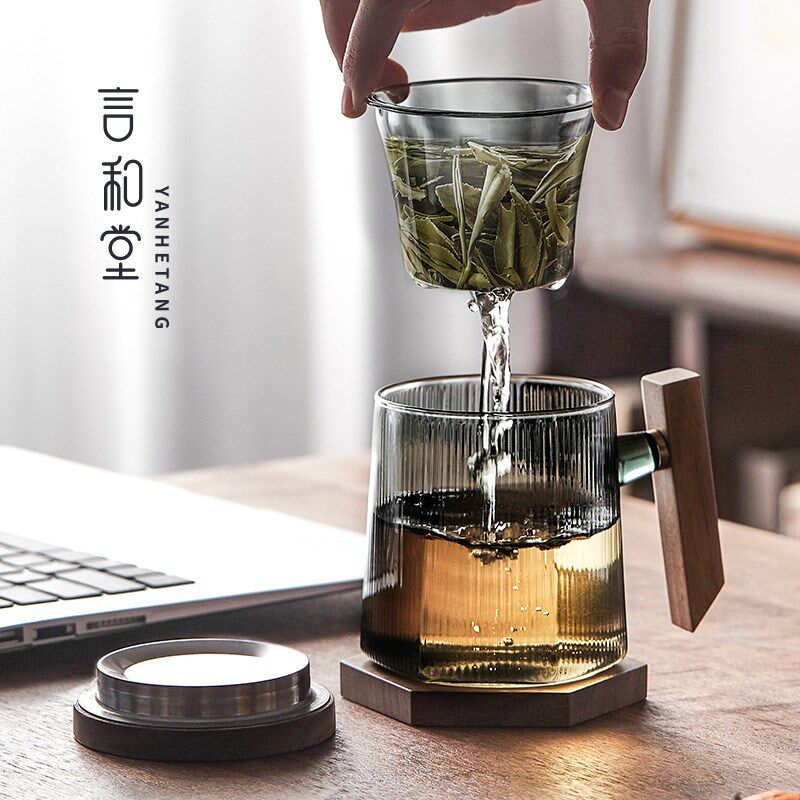 言和堂 正六玻璃泡茶杯 办公室滤茶杯高档大容量过滤内胆茶杯水杯