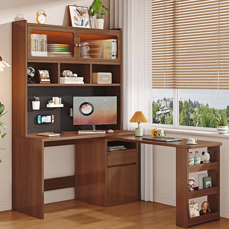实木书桌书架一体转角电脑桌洞洞板组合旋转桌面学生学习桌办公桌
