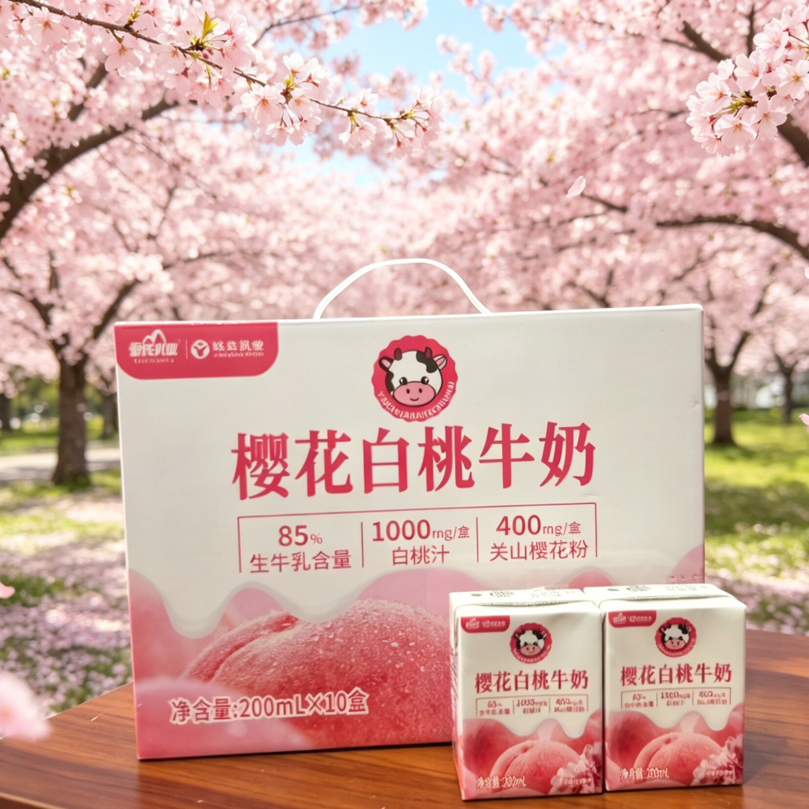 皇氏杨森乳业樱花白桃牛奶200ml*10盒装生牛乳含量80%学生早餐奶