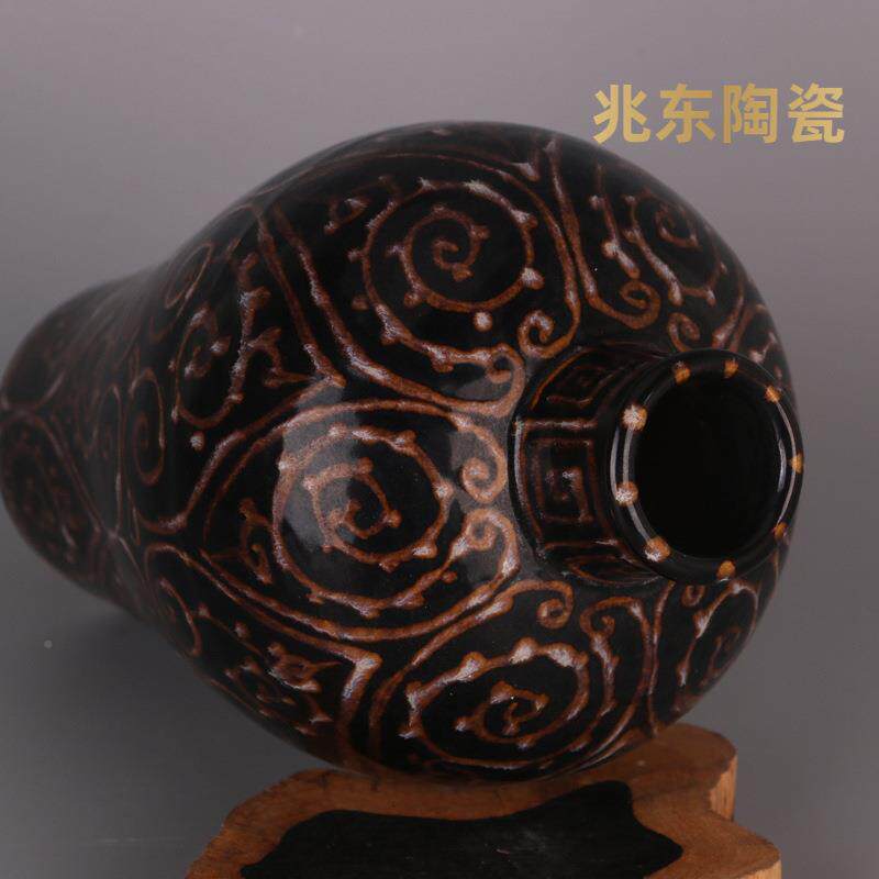 件宋吉PXI州窑瓷黑釉如意纹梅件瓶仿古瓷器古董古玩老物摆出土做