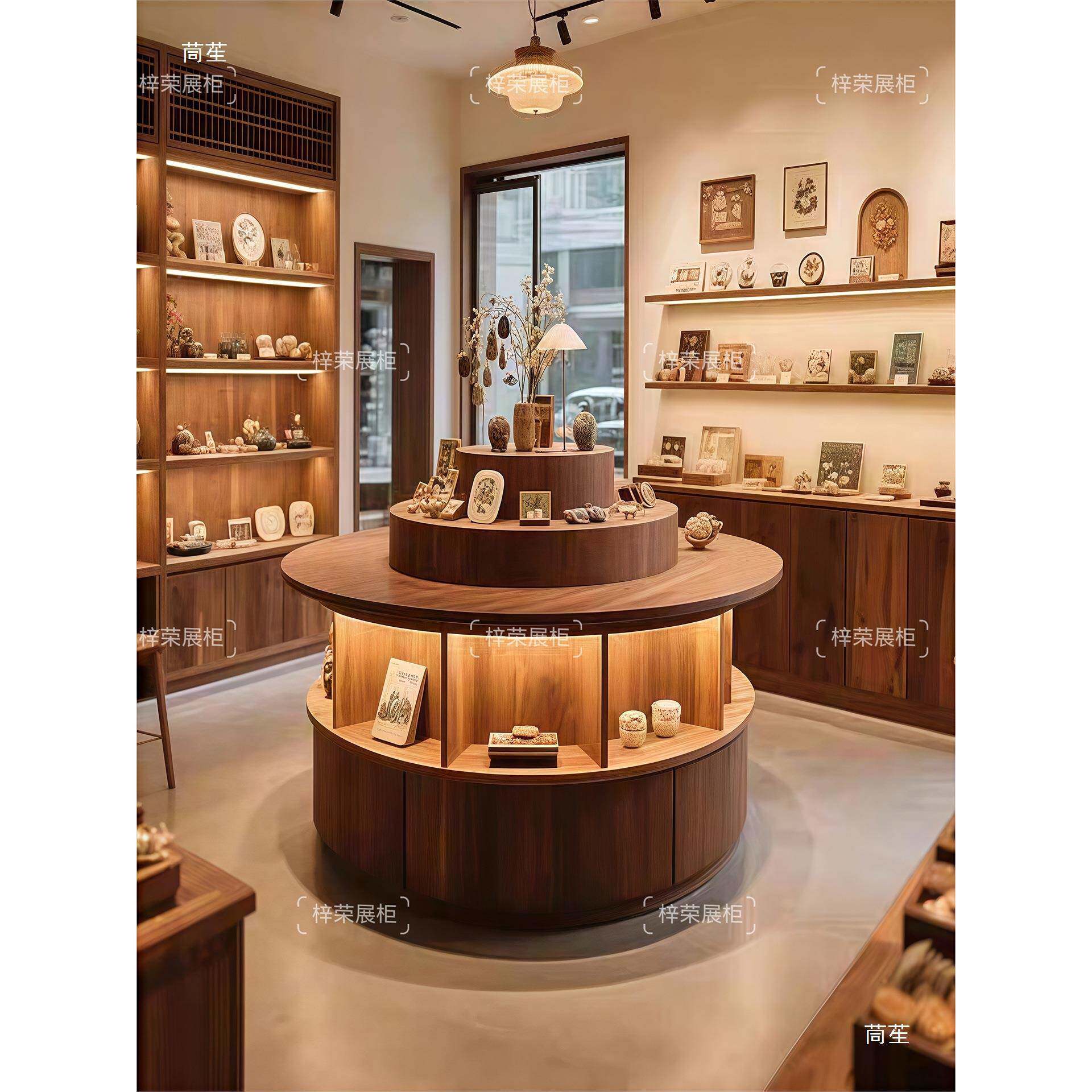实木圆形中中岛台展示台圆饰柱陈列柜803品店示商用产品展柜岛柜