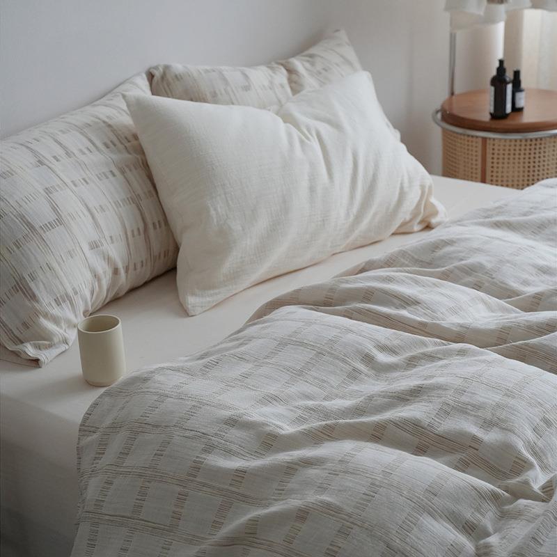 春夏睡双层纱提花纯482棉四裸件套软糯布简约被套单1.床8笠款纱全