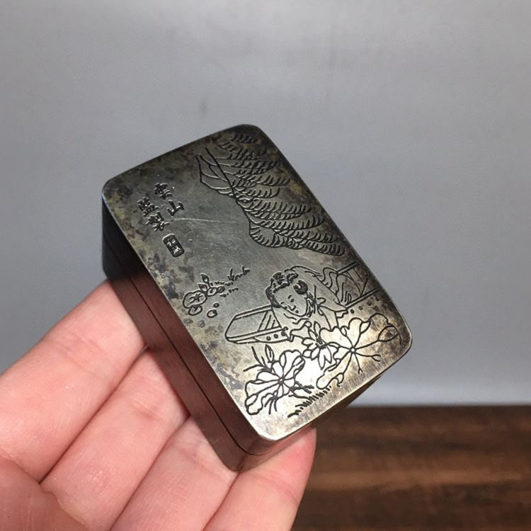 古玩纯白铜手工墨盒云山监制
