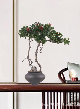 新中式日式仿盆景迎客松树绿植真样板间花售部茶几架茶室95325书