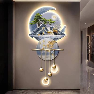 新中式迎客玄装厅饰画山水L松ED灯光挂画走廊过道关发光餐JS-345