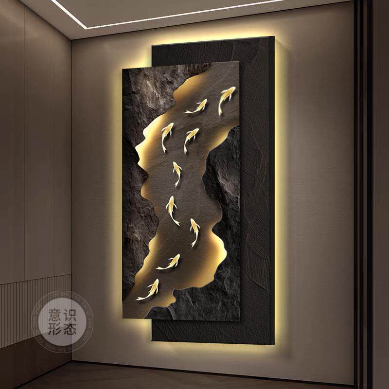 对现代轻奢玄F99HTH87关图装饰画感鱼走廊过道挂九画入户正门带灯