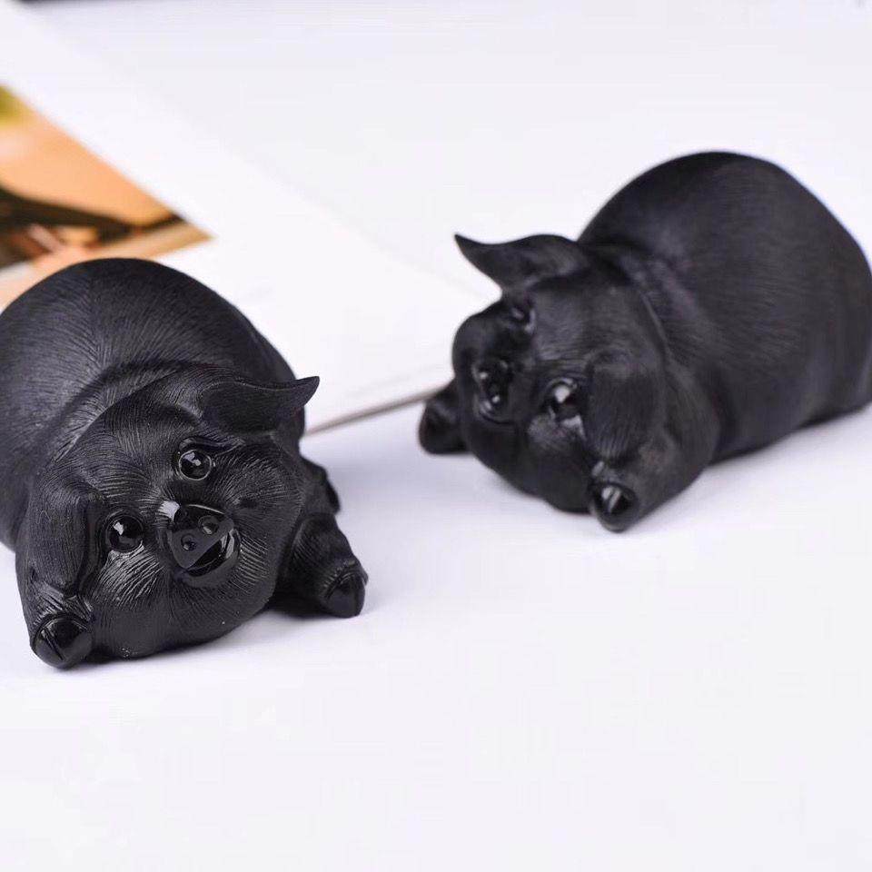 天然曜826石猪生肖男办公家居装饰猪摆件女桌黑面可爱招财风水吉
