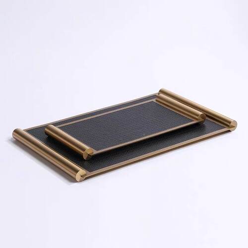 现代轻奢金创属意画板卷盘托客QUX厅茶几收纳盘摆件皮革置物盘样