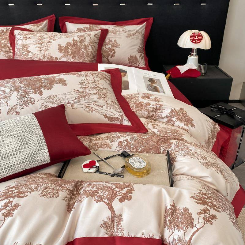 新中式婚庆100支棉四件套数码印被套用床单酒澳红色古典601床上花