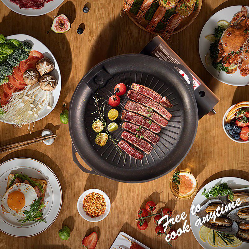 韩式烤肉锅便携式卡式炉圆烤盘铁板烧家用燃气用麦饭石不粘烧烤盘