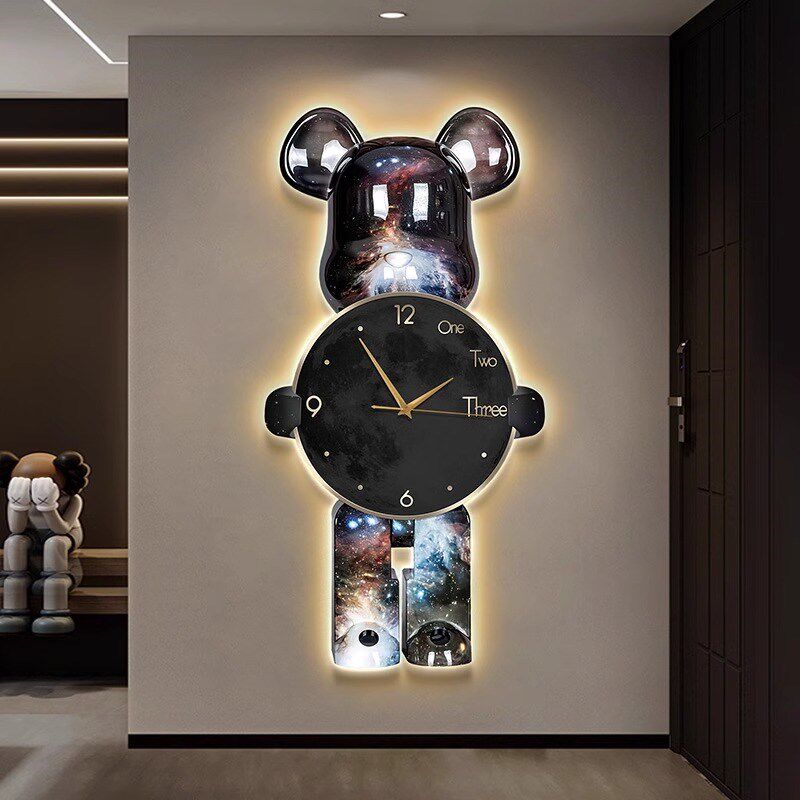 带灯挂钟暴力熊装饰画LED餐厅客厅玄关卧室静音钟表壁灯挂画灯画