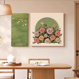 法式画中古风餐厅装饰复古HLT-373绿色风餐桌壁画客厅瑰花玫卉艺