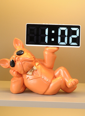 现代电子钟时钟斗牛犬摆件家居入户玄关桌L面客厅乔迁新居开业礼