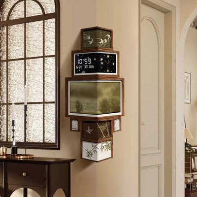 中古风客厅转角装饰画挂钟复古拐角电子时钟2024新款风景钟表挂画