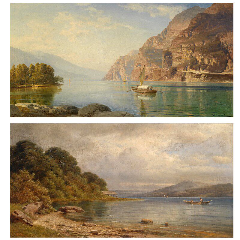 欧式中世纪高山胡泊风景油画客厅餐厅酒店走廊转角挂画喷绘壁画