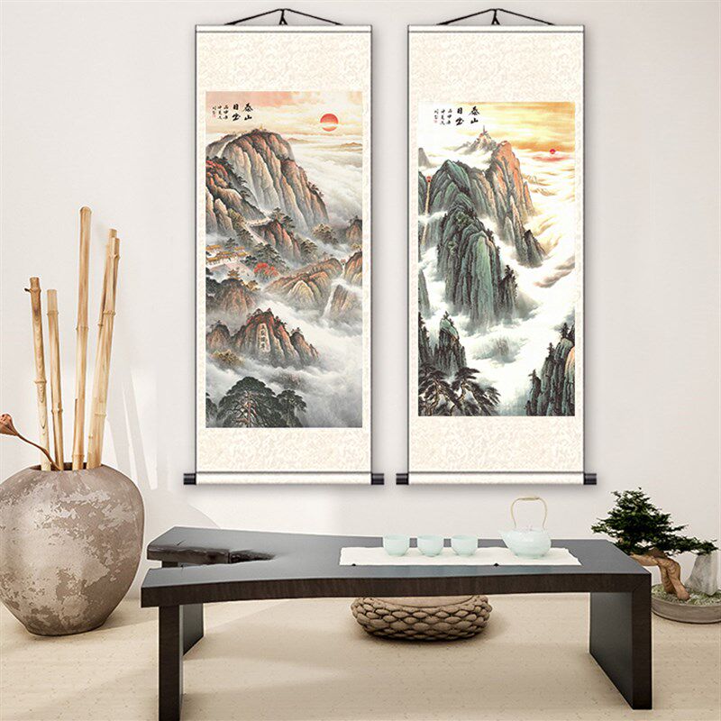 日出泰山挂画有山无水画靠山图客厅书房玄关装饰画山水丝绸卷轴画