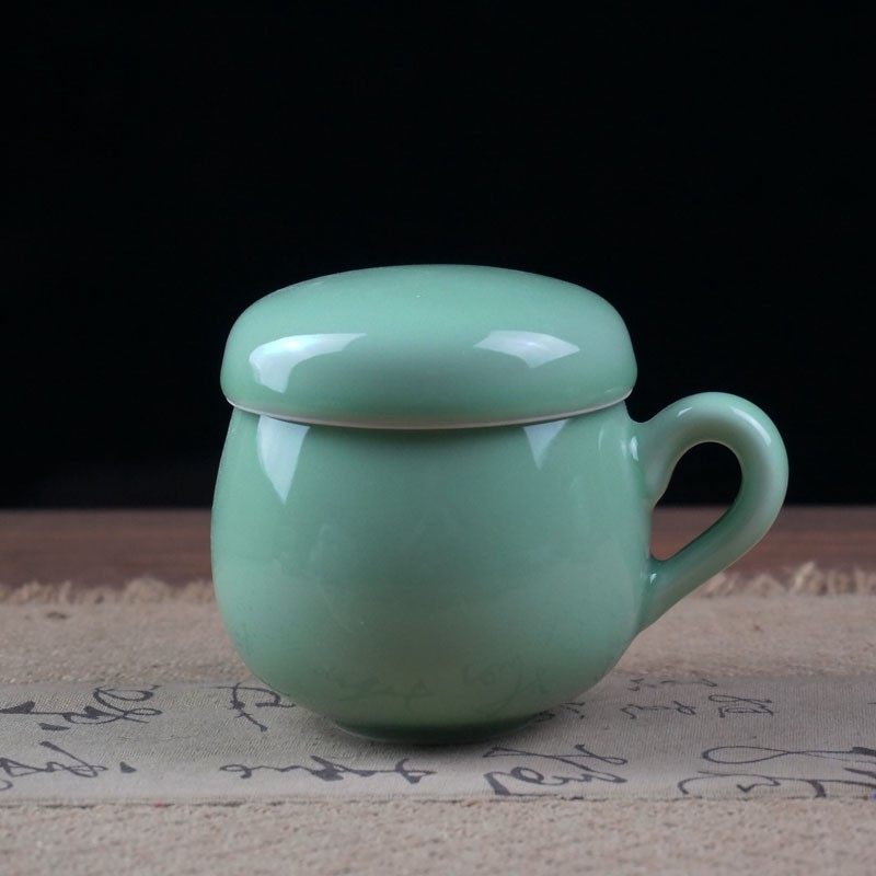 御茗青瓷茶杯陶瓷带盖过滤茶杯家用办公室泡茶杯花茶杯冰裂同心杯