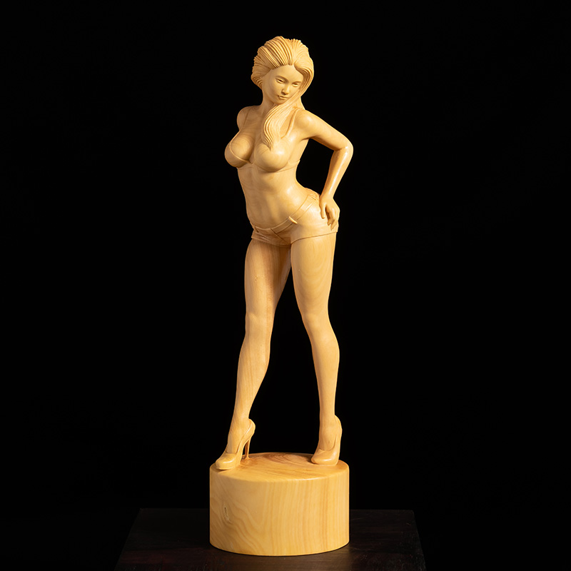 小叶黄杨木雕精品实木人物中式客厅雕刻手工艺品把件美女模特摆件