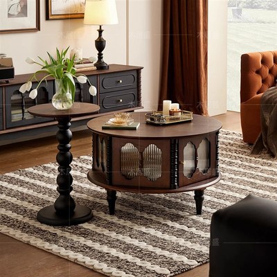 法式复古风红橡木实木茶几创意圆形组合客厅小户型中古风小茶桌