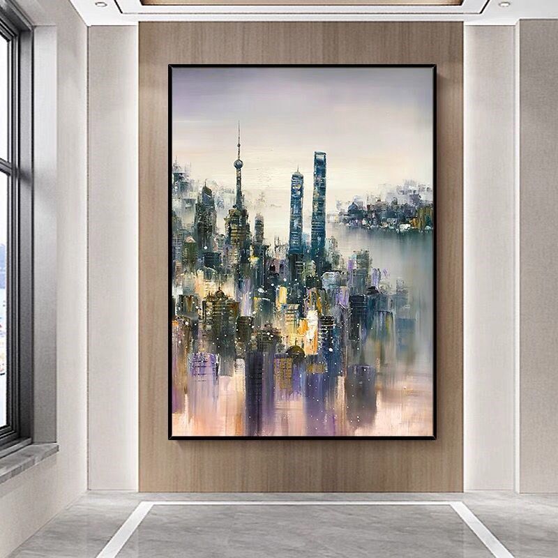 手绘油画玄关背景墙城市夜景东方明珠抽象装饰画现代餐厅客厅挂画