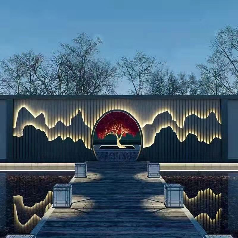 定制不锈钢假山屏风隔断背景墙入户迎门墙庭院水影壁别墅围栏格栅