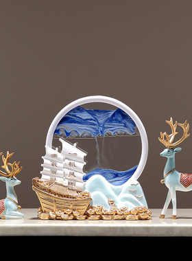 创意一帆风顺沙漏摆件高档客厅电视柜酒柜搬新家流沙画装饰招财鹿