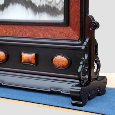 红木大叶紫檀天然云石台屏屏风插屏实木中式客厅家居中堂木雕摆件