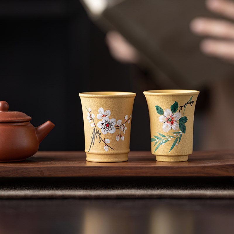梅兰双友丨黄泥紫砂手绘品茗茶杯主人杯闻香杯梅花兰花杯功夫茶杯
