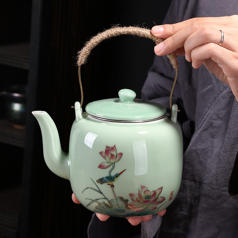 陶瓷青瓷提梁壶功夫茶具大号容量客厅喝茶壶家用泡茶器过滤网单壶