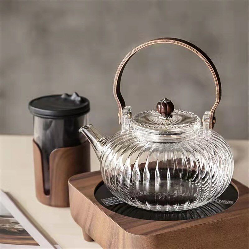 条纹耐高温玻璃茶壶带过滤木提梁加厚玻璃泡茶电陶炉可加热煮茶壶