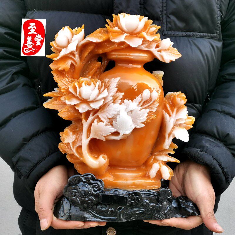 仿玉石原石寿山石雕田黄石色超大黄白花瓶摆件平平安安花开富贵