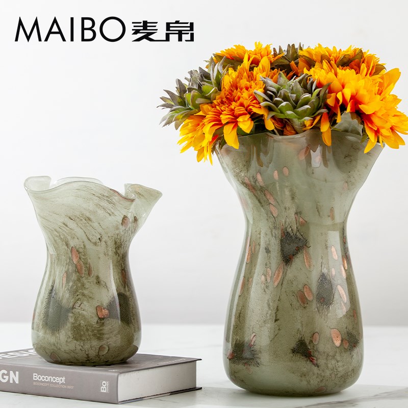 中古风绿色补丁琉璃花瓶家居室内餐桌电视柜干花插花水培花器摆件