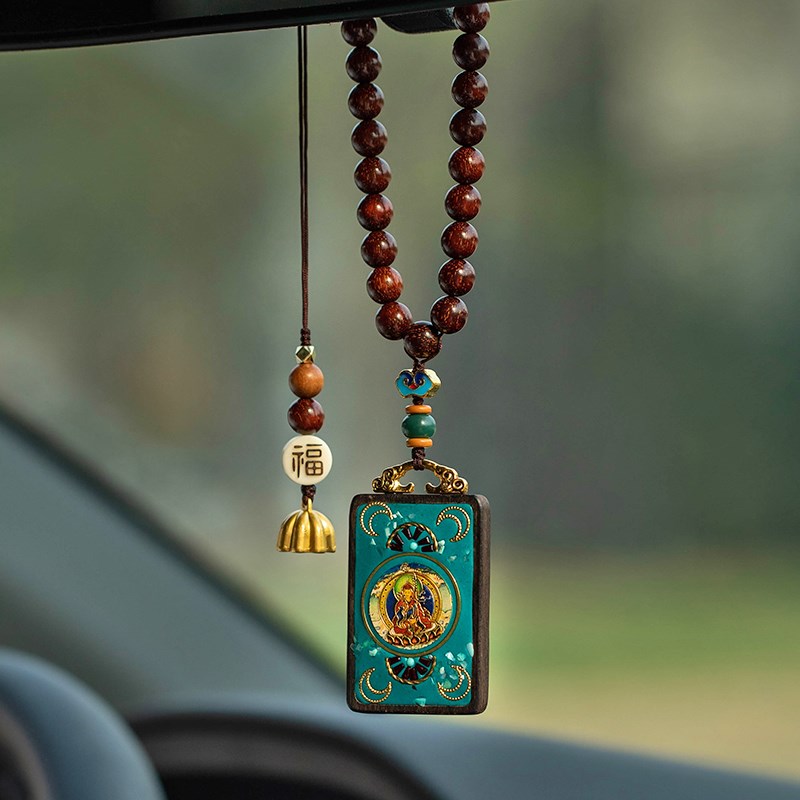 尼泊尔檀木平安牌无事牌唐卡汽车挂件民族风刻字定制车载车内挂饰