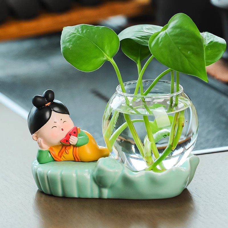 唐仕女客厅装饰桌面小摆件绿萝水培器皿花瓶插花创意植物桌面摆件