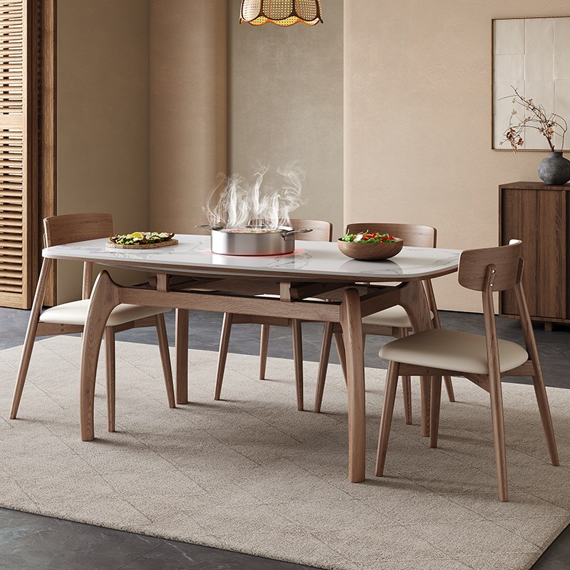 隐藏电磁炉圆形可拉伸实木岩板餐桌现代简约小户型多功能两用桌子