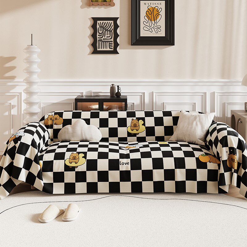卡通沙发巾四季通用棋盘格黑白沙发盖布沙发套罩全包大沙发防猫抓