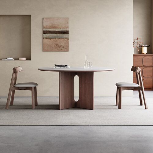 意式岩板餐桌圆形2025新款胡桃木色小户型中古风白色岩板餐桌圆桌