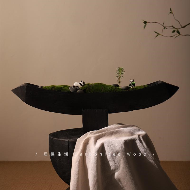 侘寂风中古碳化木船形中式摆件样板间民宿客厅玄关电视柜桌面装饰