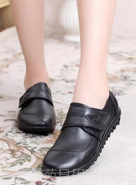 高档春秋中老年码女小31233深口单鞋真3皮防滑平鞋跟魔术贴妈妈皮