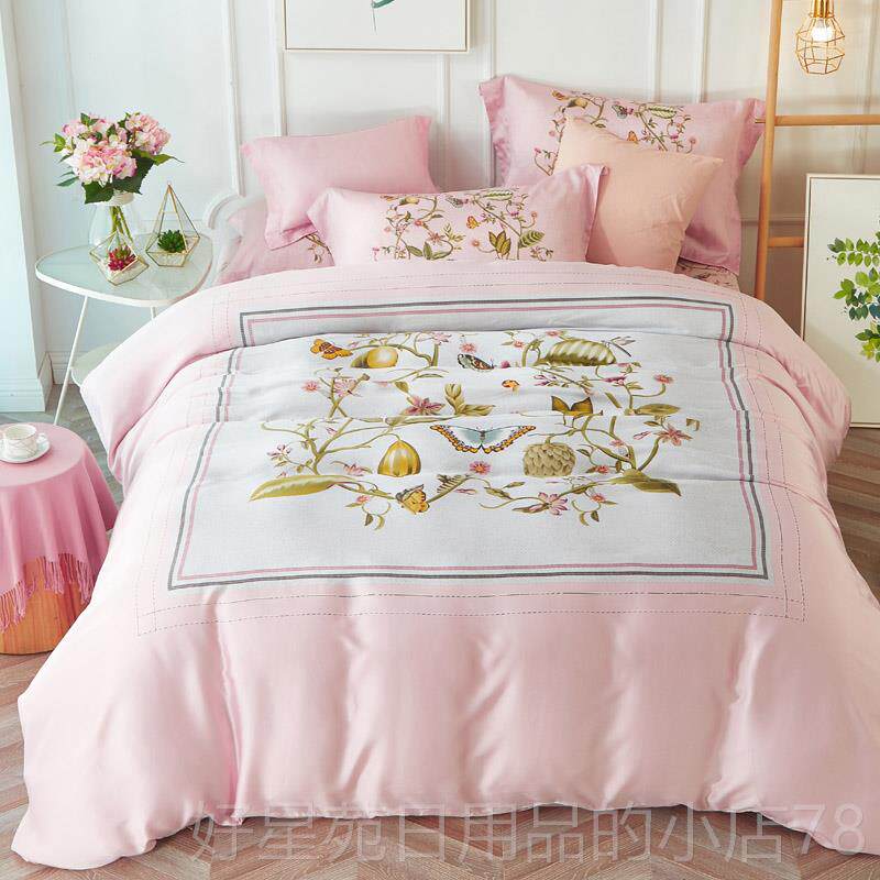 高档202夏季双面纯天丝四春件套3D床上用品床冰丝滑被套1.48m床单