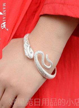 高档寸银坊云匠南理手工制作覆古做旧立浮雕体灵蛇大手镯.心