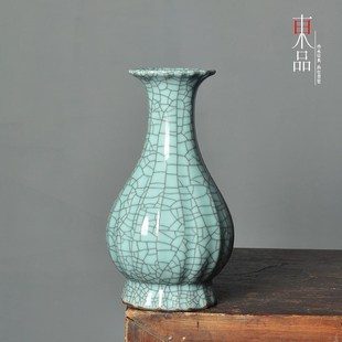 青瓷高档花瓶哥窑冰裂纹百财瓶白菜花器客厅装 饰玄关摆件招财摆设