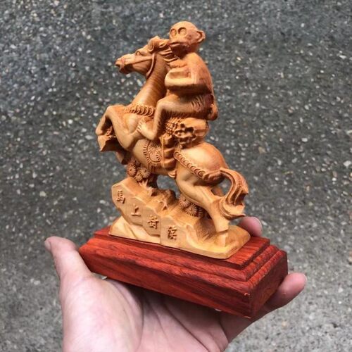 崖柏木雕生肖马摆件马上封侯马上有钱红木底座中式客厅送礼工艺品