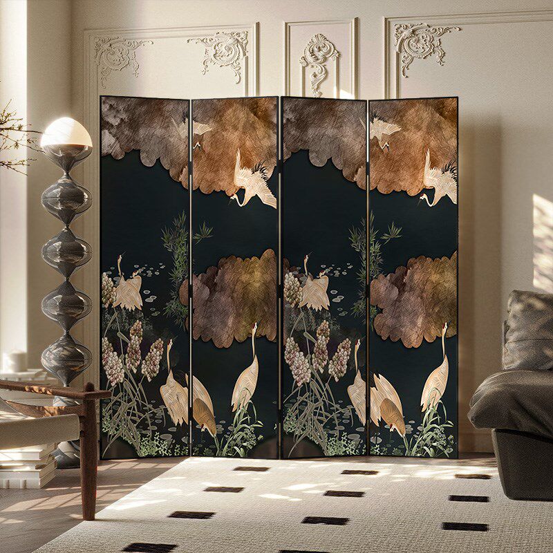 法式中古仙鹤屏风隔断客厅背景墙折叠移动遮挡小户型卧室装饰折屏