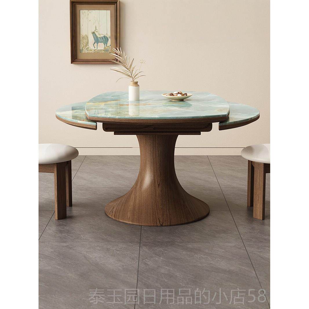 高档石家超晶形餐桌椅组合中古风用餐桌实木饭桌子翡翠圆法式伸缩